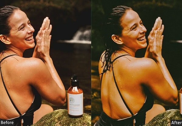 Sun-kissed woman practicing yoga outdoors with a water bottle, showing before and after effects of Lightroom presets for vibrant, warm tones.