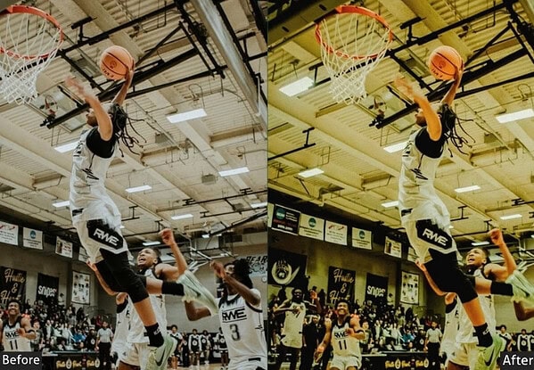 Dynamic basketball dunk captured during a game, showcasing athleticism and high-energy sports photography in an indoor gym.
