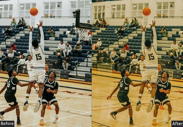 Dynamic basketball game scene showing players jumping for a shot in a gymnasium with spectators in the background, enhanced for clarity and color.