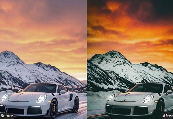 High-quality automotive photo edited with Moody, Glossy, and Luxury Lightroom presets, showcasing a sleek sports car against a mountain sunset background.