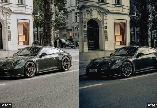 Side-by-side comparison of a luxury sports car before and after applying Moody, Glossy, and Luxury Vibe presets for enhanced visual appeal.