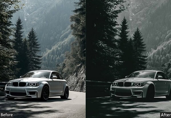 Comparison image showing a BMW car before and after applying Moody Lightroom presets for a glossy, luxury automotive look.