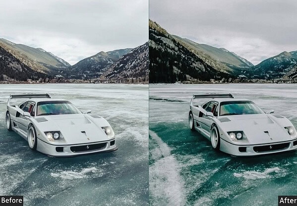 Side-by-side comparison of a sports car on icy terrain before and after applying Moody, Glossy, and Luxury presets for enhanced visual appeal.