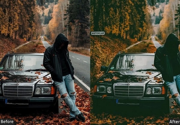 Comparison image showing before and after applying automotive Lightroom presets for a moody, glossy, and luxury vibe.