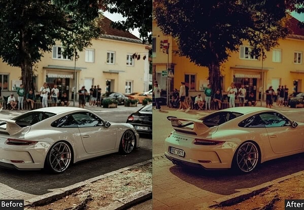 Side-by-side comparison of a luxury sports car before and after applying Moody, Glossy, and Luxury Lightroom presets for enhanced visual appeal.