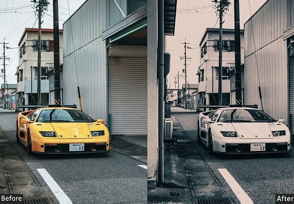 Side-by-side comparison of a yellow sports car before and after applying Moody, Glossy, and Luxury Lightroom presets for enhanced automotive photography.