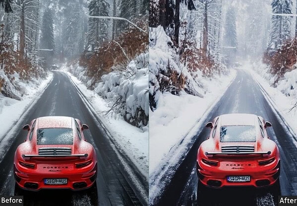 Side-by-side comparison of a red sports car on a snowy road before and after applying Moody, Glossy, and Luxury presets for enhanced visual appeal.