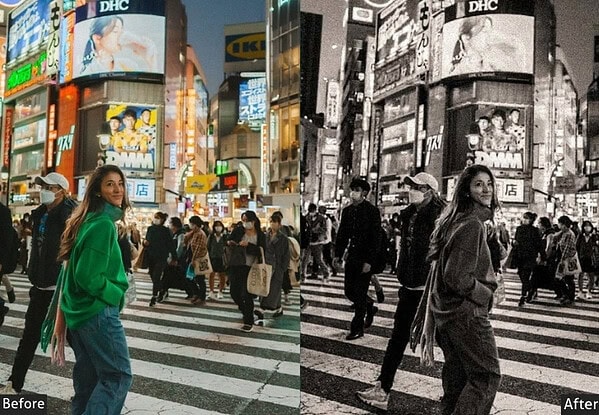 Comparison of a busy city crosswalk with vibrant colors on the left and a black-and-white version on the right, highlighting photo editing effects.