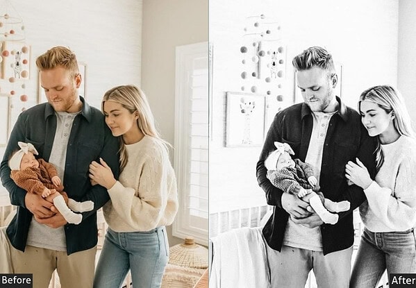 Before and after images showing the effect of Lightroom presets on newborn photography, highlighting studio-quality edits.