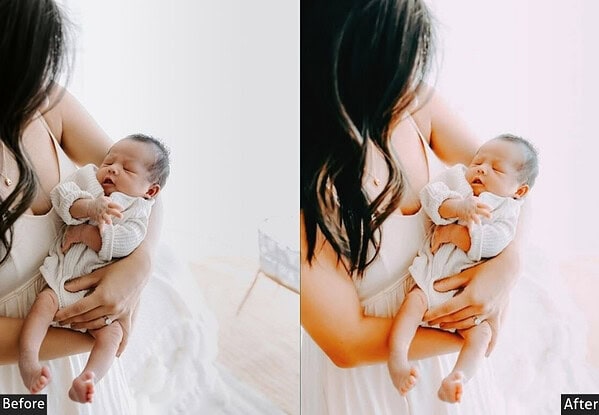 Comparison of before and after applying Lightroom presets to a newborn photo, highlighting editing effects for studio-quality images.