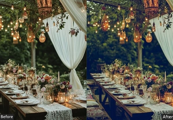 Beautiful outdoor event setup with decorated tables, hanging lights, and floral arrangements for weddings or celebrations.