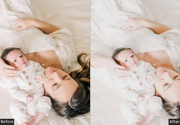 Comparison of a newborn and mother before and after applying Lightroom presets for studio-quality edits.