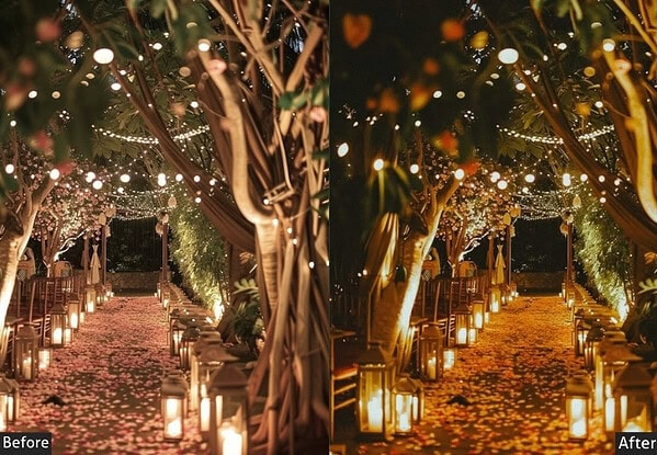 Beautiful wedding pathway illuminated with string lights and lanterns, perfect for romantic outdoor celebrations.