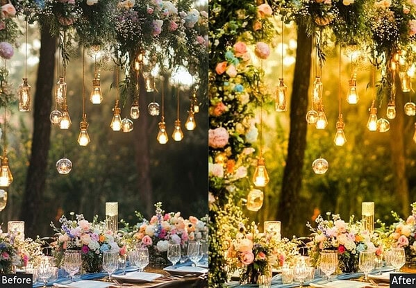 Beautiful wedding table setup with floral arrangements and hanging Edison bulbs, perfect for outdoor celebrations and weddings.