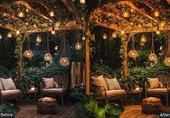 Comparison of outdoor garden seating area with string lights, showing enhanced warm tones and cozy ambiance after editing.