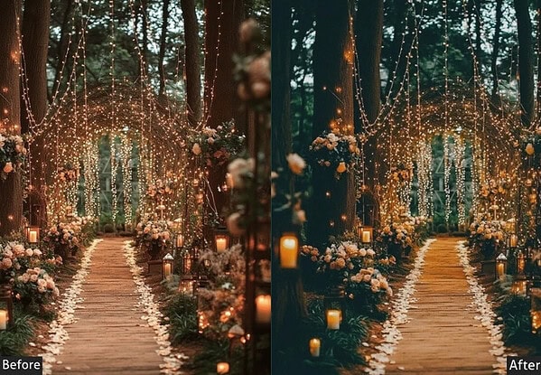 Beautiful wedding pathway decorated with string lights, flowers, and candles in a forest setting, ideal for romantic outdoor ceremonies.