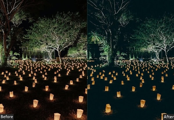Night scene with lanterns and trees, showcasing before and after effects of Lightroom presets for enhanced nighttime photography.