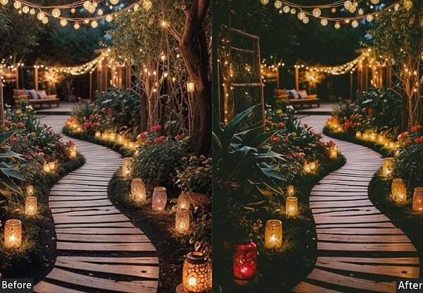 Beautiful outdoor wedding pathway decorated with string lights, lanterns, and lush greenery for a romantic celebration.