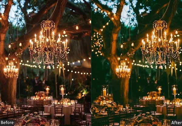 Nighttime outdoor wedding reception illuminated by chandelier and string lights, showcasing warm, romantic ambiance with enhanced color vibrancy and contrast.