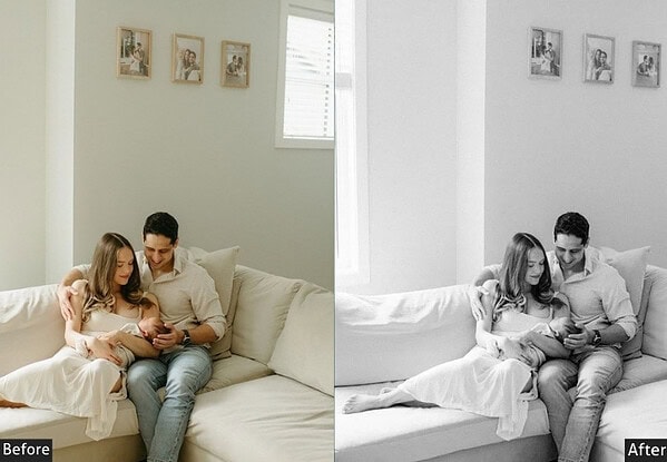 Before and after comparison of newborn photography edited with Lightroom presets, showing enhanced color and clarity for studio-quality images.