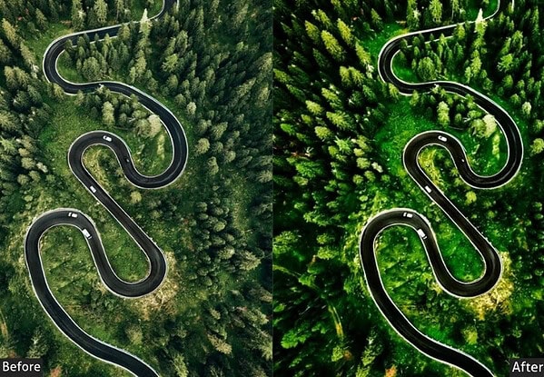 Aerial drone shot of a winding forest road showing before and after color correction for vibrant greenery.