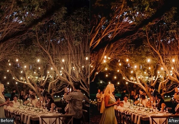 Nighttime outdoor event with string lights, guests dining under trees, and warm ambient lighting, showcasing a festive celebration atmosphere.
