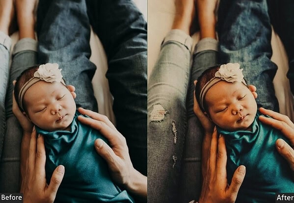 Comparison of a newborn baby photo before and after applying Lightroom presets for studio-quality edits, highlighting the enhancement in color and clarity.
