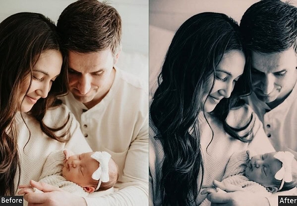 Comparison of a newborn photo before and after applying Lightroom presets for studio-quality edits, showcasing enhanced color and tone.