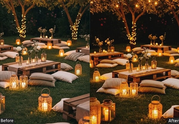 Before and after images of an outdoor event setup showing enhanced lighting and decor for a festive celebration.