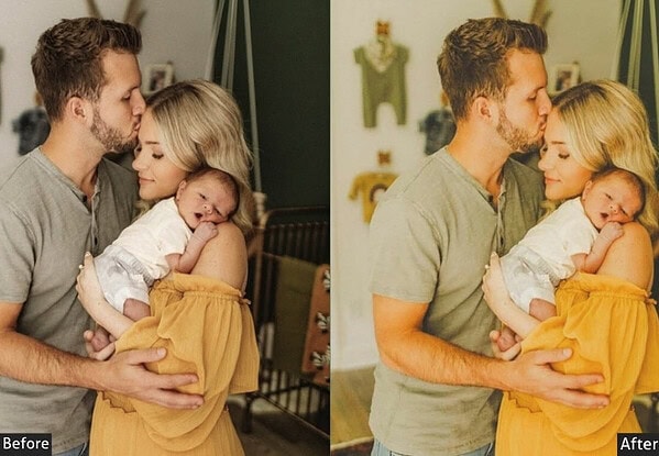 Before and after editing of a newborn family portrait using Lightroom presets for studio-quality results.
