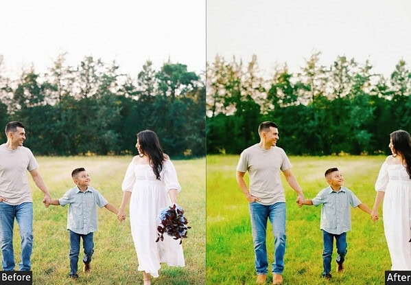 Side-by-side comparison of family photo with and without Lightroom preset, showcasing enhanced colors and brightness for picture-perfect memories.