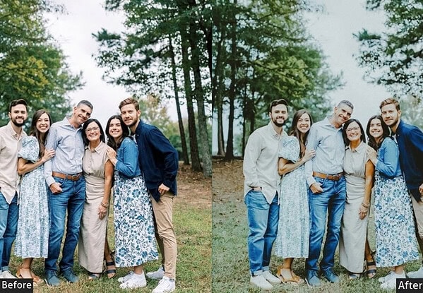 Family group photo before and after applying Lightroom presets, showcasing enhanced colors and clarity for picture-perfect memories.