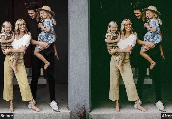 Family group photo showcasing before and after Lightroom preset effects for vibrant, professional-looking images.