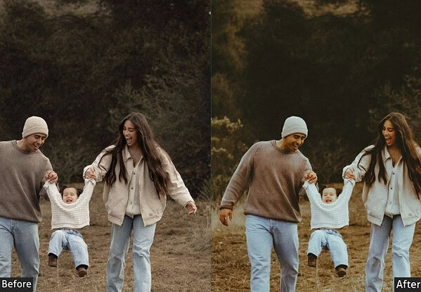 Family enjoying outdoor walk with children, showcasing vibrant and warm tones from Lightroom presets for perfect family memories.
