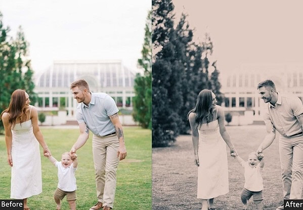 Family photo with preset filter showing before and after effects, featuring a family of three holding hands outdoors in a park setting.
