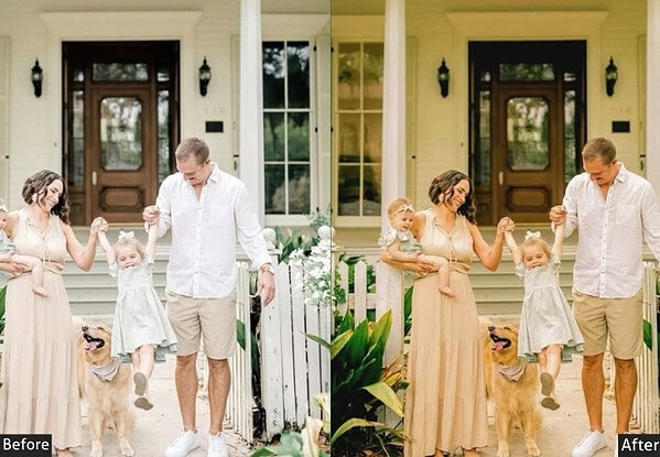 Family with two children and a dog holding hands in front of a yellow house, showcasing a warm family moment.