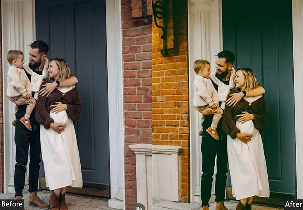 Side-by-side comparison of a family photo showing the original and edited versions, highlighting color correction and enhancement for better visual appeal.
