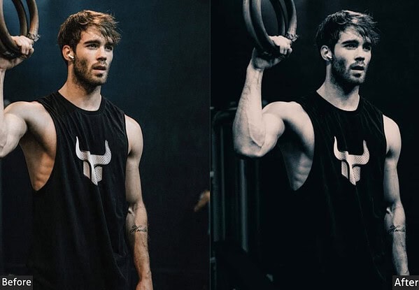 Side-by-side comparison of a man lifting weights before and after applying fitness Lightroom presets for enhanced workout photos.