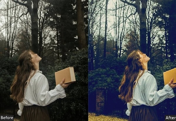 Before and after comparison of a woman in a forest with enhanced brightness using Lightroom presets for dreamy, airy photos.