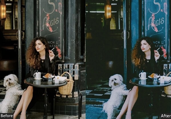 Comparison of a woman with curly hair and a white dog at a cafe before and after applying Lightroom presets for a dreamy, bright look.