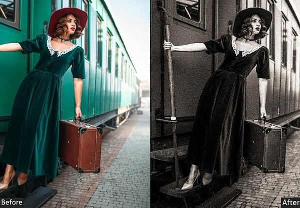 Vintage woman in a dress with a suitcase at a train station, split into color and black-and-white versions for photo editing presets.