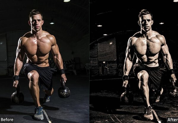 Before and after image of a muscular man performing a workout with kettlebells in a gym, showcasing fitness progress and lighting effects.