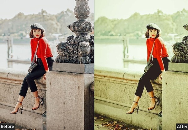 Before and after comparison of a photo using classic Lightroom presets for timeless color grading, showing enhanced warmth and vintage style.