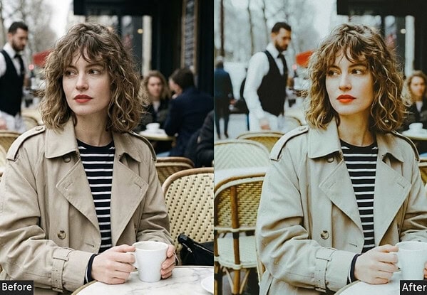 Before and after comparison of a woman with curly hair in a cafe, showcasing the effect of a dreamy, bright Lightroom preset for enhancing photo clarity and mood.
