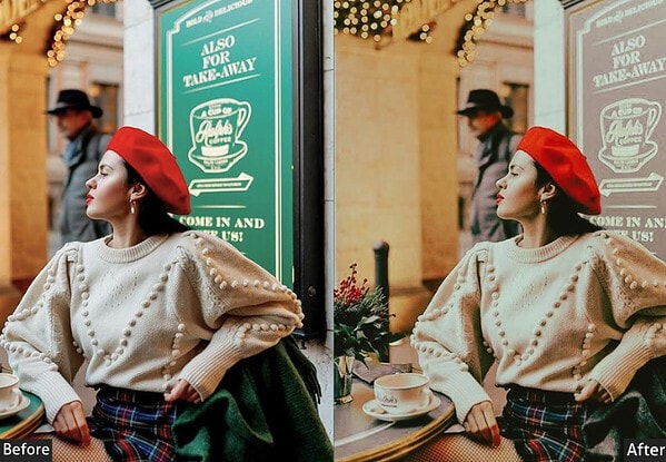 Comparison image showing a woman in a cafe with and without Lightroom preset applied, highlighting color grading effects for photography enhancement.
