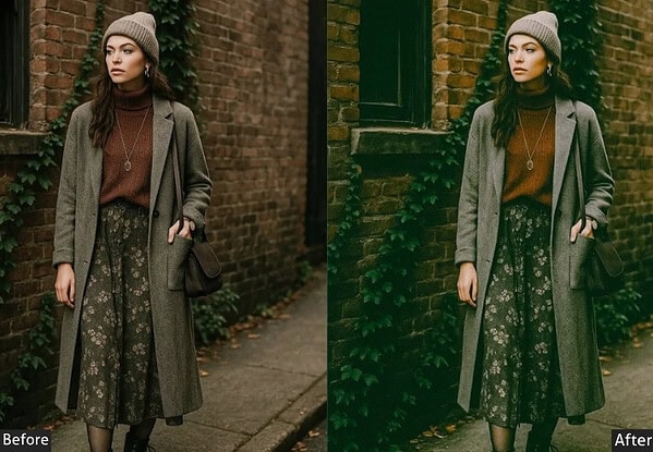 Comparison image showing a woman in a brown sweater, floral skirt, and gray coat before and after applying Lightroom presets for a dreamy, bright photo effect.