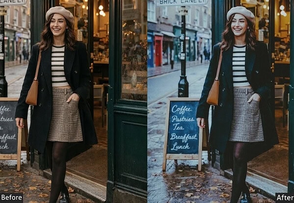 Before and after images showcasing the effect of light and airy Lightroom presets on a woman's street photo, emphasizing bright, dreamy tones.