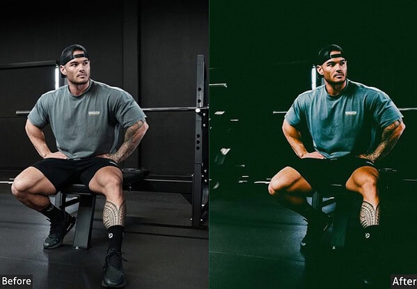 Before and after image of a man in gym using Lightroom presets for editing, showcasing enhanced color and contrast for fitness photos.