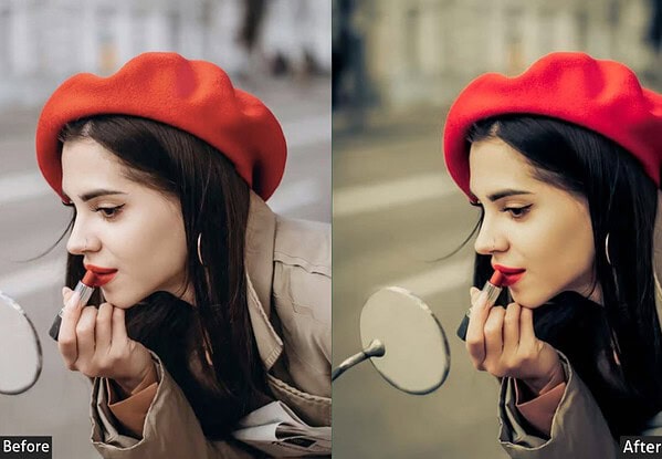 Side-by-side comparison of a woman with and without Lightroom preset, showcasing color grading and enhancement for photography.