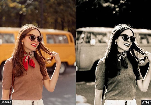 Before and after comparison of a woman using Lightroom presets for color grading, showcasing vibrant and monochrome effects.